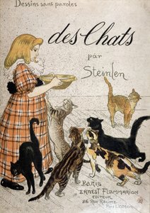 猫にミルクボウルを持っていく少女 - カバー「Cats」 by Steinlen, n.d. 19日.