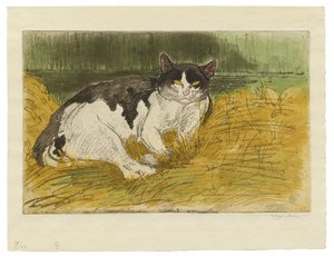 草の中の古い黒と白の猫 作： Théophile Alexandre Steinlen