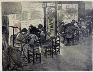 カフェのテラスで（ショーケースには「Absinthe 15」「Pernod 20」と書かれている）Theophile Alexandre Steinlen（1859-1923）のドローイング 20世紀 パリ、カルナヴァレ美術館 作： Théophile Alexandre Steinlen