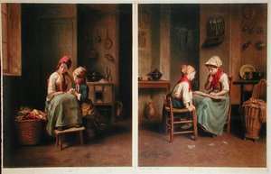 1858年に印刷された「The Lesson and The Card Game」（カラーリトグラフ）。 作： Theophile Emmanuel (after) Duverger