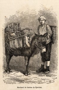ジェウィリスク（北アナトリア）でロバを連れた石炭商人。1869年にラツィスタンとアルメニアの旅を描いた語り手の絵をもとに彫られたもので、テオフィル・デイロルが描いたもの。