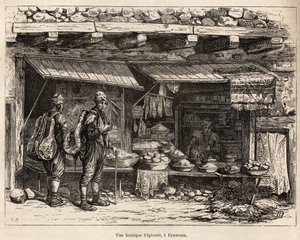 エルゼローム（アルメニア）の食料品店。1869年にテオフィル・デイロルがラツィスタンとアルメニアの旅を描いたものを、筆者が描いたものをもとに彫刻したもので、Edouard Charton編集の『Le tour du monde』1875年版に掲載されています。