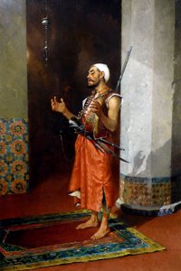祈るトルコの衛兵、19 世紀後半から 20 世紀初頭 (キャンバスに油彩) 作： Theophile Marie Francois Lybaert