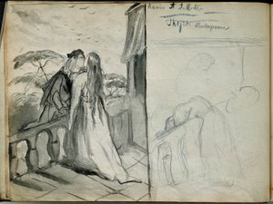 恋人たち ロミオとジュリエット ウィリアム・シェイクスピア（1564-1616）の同名作品のイラストで、バルコニーでキスをする恋人たちを表現しています。テオドール・シャセリウ（1819-1856）によるスケッチ。ルーヴル美術館 作： Théodore Chassériau
