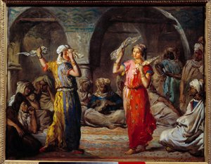 オリエンタリズム：「ティッシュ・ダンス。モロッコの踊り子たち」 テオドール・シャセリウ（1819-1856）の絵画 19世紀 日0.32x0.4m 作： Théodore Chassériau