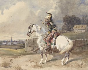 白い馬に乗ったフランスの竜騎兵、左向き、横顔 作： Théodore Fort (signed by artist)
