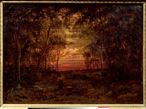森の中の夕日 テオドール・ルソー（1812-1867）の絵画 19世紀のバルビゾン派。薄暗い。0.46x0.62m。キャンバスに油彩。 作： Pierre Etienne Theodore Rousseau
