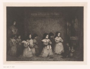 聖母マリア像の前で祈る少女たちのグループ La Prière (オブジェクトのタイトル) Eaux-Fortes Modernes: Originales et Inédites (シリーズタイトル) 作： Théodule Augustin Ribot