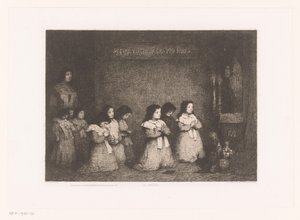 聖母マリア像の前で祈る少女たちのグループ La Prière (オブジェクトのタイトル) Eaux-Fortes Modernes: Originales et Inédites (シリーズタイトル) 作： Théodule Augustin Ribot