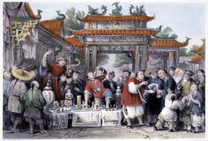ジョージ・ニューナム・ライト（c.1790-1877）の「一連の風景の中の中国」から「天聖の旅医」1843年（カラー彫刻）。 作： Thomas (after) Allom