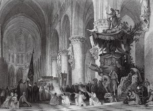 ブリュッセルの聖グドゥール大聖堂、有名な彫刻の説教壇（エングレーヴィング） 作： Thomas (after) Allom