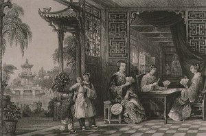 ジョージ・ニューナム・ライト（c.1790-1877）の「一連の風景の中の中国」より「カードをする北京人家族の女性たち」1843年（エングレーヴィング 作： Thomas (after) Allom