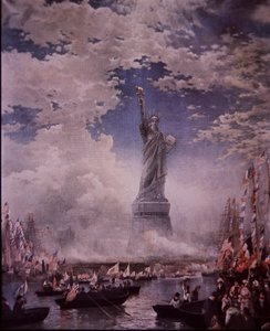 ニューヨーク港における自由の女神像の除幕式、1886年10月28日（カラーリトグラフ 作： Thomas (after) Moran