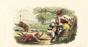野原で猛牛に襲われた植物学者の家族。 1831年（彫刻） 作： Thomas (after) Rowlandson