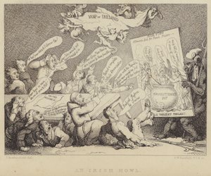アイルランドの遠吠え：フランス革命に代表される共和主義の悲惨さを見せつけられた連合アイルランド人全国大会の会合。 作： Thomas (after) Rowlandson