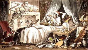 ルドルフ・アッカーマン（1764-1834）が出版した「イギリスの死の舞踏」から、1814年にアクアチントで描かれた「なめこ、ついに、死の矢を自分のキャビネットに入れようとする」。 作： Thomas (after) Rowlandson