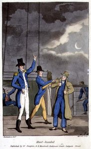 ジョン・ミットフォード（1782-1831）の「海軍におけるジョニー・ニューカムの冒険」から、W・リードが彫刻したプレート「マスト・ヘッド」。 作： Thomas (after) Rowlandson
