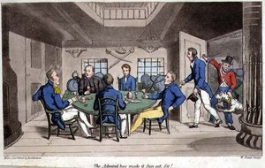 提督が夕日を作ってくれました！ ジョン・ミットフォード（1782-1831）の「海軍におけるジョニー・ニューカムの冒険」からの一枚で、W.リードが彫っています。 作： Thomas (after) Rowlandson