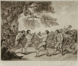 1789年5月6日、ハンティンドンシャー州スティルトンで行われたダニエル・メンドーサとリチャード・ハンフリーズのボクシング試合、ジョセフ・グローザー(c.1755-99)の手によるもの(エングレーヴィング) 作： Thomas (after) Rowlandson