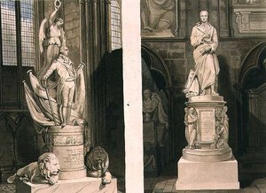 西口のモンタギュー大尉と詩人の角のアディソンへの記念碑、ジェームズ・ホップウッド（1752年頃～1819年）とJ.R.ハンブル（1775年頃～1825年）が彫った「ウェストミンスター寺院」のプレート63、ルドルフ・アッカーマン（1764年～1834年）が1812年に出版したアクアチント。