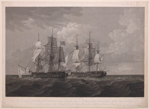 このプレートは1796年6月13日、クリア岬沖で、フランス軍フリゲート艦ラ・プロセルピン号（40砲）が陛下のフリゲート艦ドライアド号（36砲）に衝突する様子を表現したもので、ボークラーク少佐に捧げられた。アメリウス・ボークラック卿... 作： Thomas (after) Whitcombe