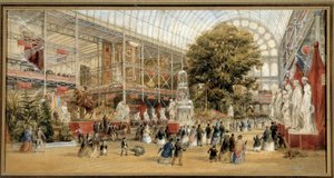 ビクトリア女王 (1819-1901) は、ロンドンのクリスタル パレスで開催された 1851 年の展示会を訪れます。 1851 年の万国博覧会。Thomas Abiel Prior (1809-1886) Ec による絵画。 アン。 作： Thomas Abiel Prior