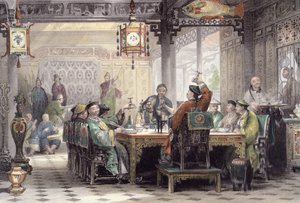 1843年にG.パターソンによって刻まれたジョージニューウェナムライト（c.1790-1877）による「中国の一連の景色」からのマンダリンハウスでのディナーパーティー 作： Thomas Allom