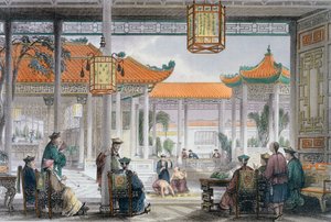 「マンダリン宮殿のコートで演奏する曲芸師」、中国、1843 年 作： Thomas Allom
