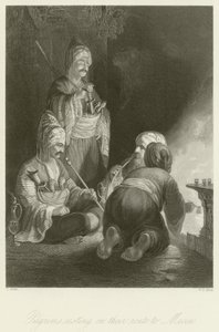 メッカへのルートで休んでいる巡礼者 作： Thomas Allom