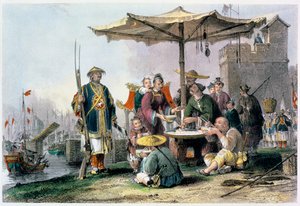 「トンチャントゥーの軍事基地の米売り」、中国、1843 作： Thomas Allom