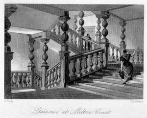 19世紀、サリー州ドーキングの近くにあるミルトンコートのステイトケース。 作： Thomas Allom