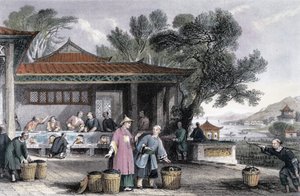「お茶の文化と準備」、中国、1843 作： Thomas Allom