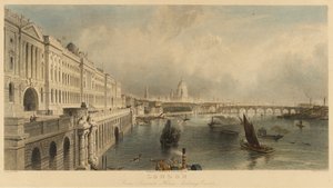 サマセット・ハウス・マリン・ビルから見たイギリス、ロンドンの眺め、セント・ポール大聖堂とロンドン橋。リトグラフ 作： Thomas Allom