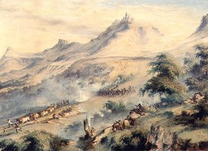 Van Beulens Hoek Kat Riverでマコマのカフィルに襲われたフィッシャー大尉指揮のパトロール隊、1846年頃 作： Thomas Baines