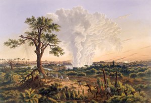 1,200フィート、1865年にスプレー雲が昇る日の出の滝（カラープリント） 作： Thomas Baines