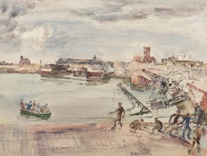 ドックent entrepots（sic）du Port du Calais Bassin Ouest、1944（紙、鉛筆、ペン、インク、ブラシ、トイレ） 作： Thomas Barclay Hennell