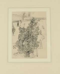 公園の人物たち；「男たちは黙っていたが、木は話していた」。1938年以前の『目撃者』のイラスト（紙にペン＆インク 作： Thomas Barclay Hennell