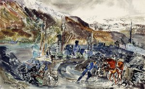 地元の石炭カートとトロール船、アイスランド、セイジスフィヨルズル（紙に水彩） 作： Thomas Barclay Hennell