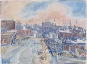 レイキャヴィーク、メイン波止場から、霜の朝、アイスランド、1930年頃（紙に水彩と鉛筆） 作： Thomas Barclay Hennell