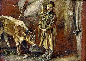 繋がれた子牛を持つ少年（油彩・キャンバス） 作： Thomas Barker