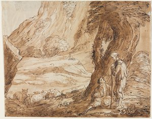 羊と 2 人の羊飼いのいる風景、19 世紀前半。 作： Thomas Barker