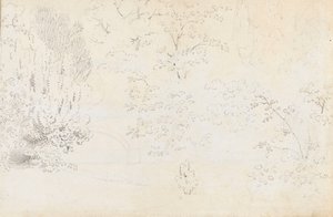 西側から橋と木々を描いた黒鉛画の習作（裏面） 作： Thomas Baxter