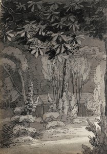 平屋建ての建物に向かう木立越しの眺め（裏面） 作： Thomas Baxter