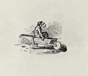 &39;イギリスの鳥と四足動物の歴史&39; publ 1815（bw彫刻）からの手押し車の男 作： Thomas Bewick