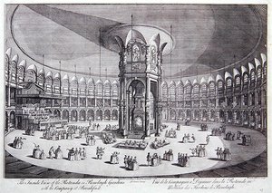 ジョン・ストウの「Survey of the Cities of London and Westminster」より、ラネラガーデンのロタンダの内観と朝食中のカンパニー。