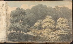 風景と人物研究のアルバム: タンブリッジ ウェルズの近くの馬車のある風景シーン 作： Thomas Bradshaw