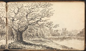 Álbum de Estudos de Paisagens e Figuras: Árvores ao longo de um rio com edifícios à distância