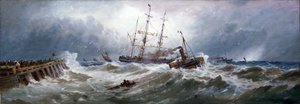 ブローニュ港（フランス）で船を引くフランスのタグボート。キャンバスに油彩 作： Thomas Bush Hardy