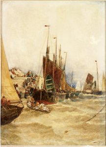 1889年、ブローグのMackeral Fishingからの最初のボート（紙に水彩画を敷いたキャンバス） 作： Thomas Bush Hardy