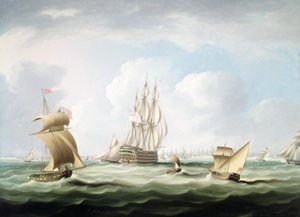 カディス湾に浮かぶ白板の副提督と他の船とのファーストレート（油彩・キャンバス） 作： Thomas Buttersworth